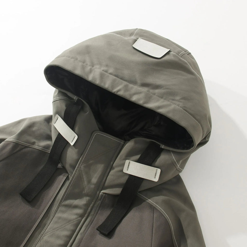 Apricot hooded zipper down jacket for men with polyester fabric and lapel collar