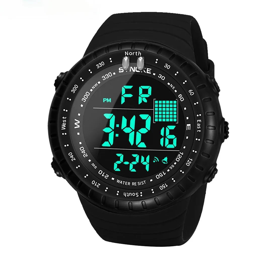 Black men's waterproof outdoor electronic watch with large plastic case and PU strap.