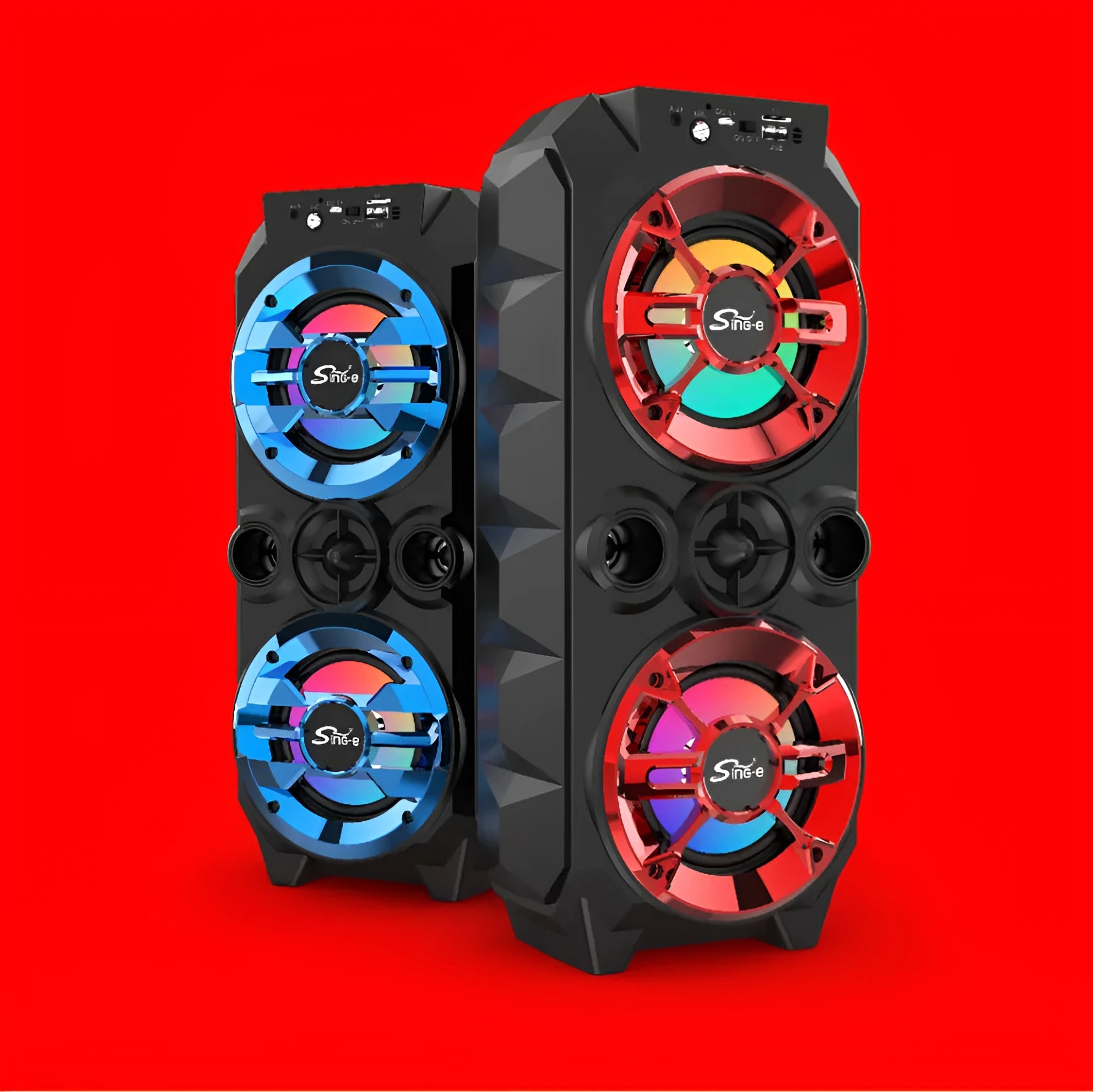 Portable Bluetooth speaker with colourful LED lights in blue, red, or silver grey with push-pull rod design