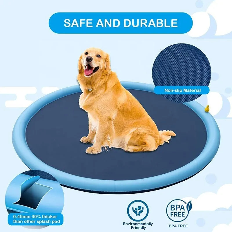 Dog playing on a large blue anti-slip splash pad mat in a garden, with water sprinklers active.