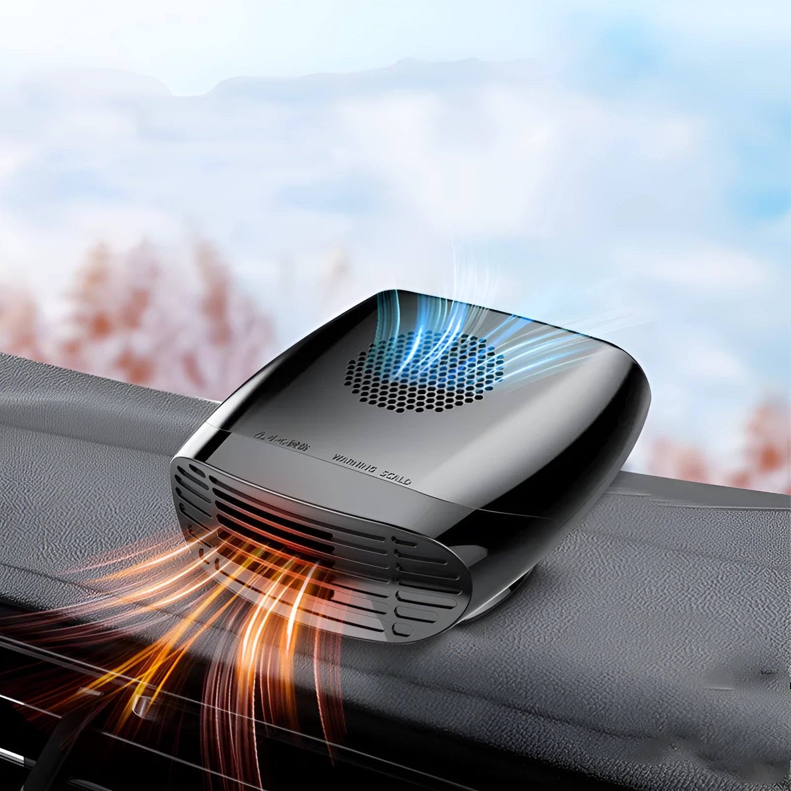Black 12V car heater with ABS housing and 360-degree rotatable air outlet on dashboard