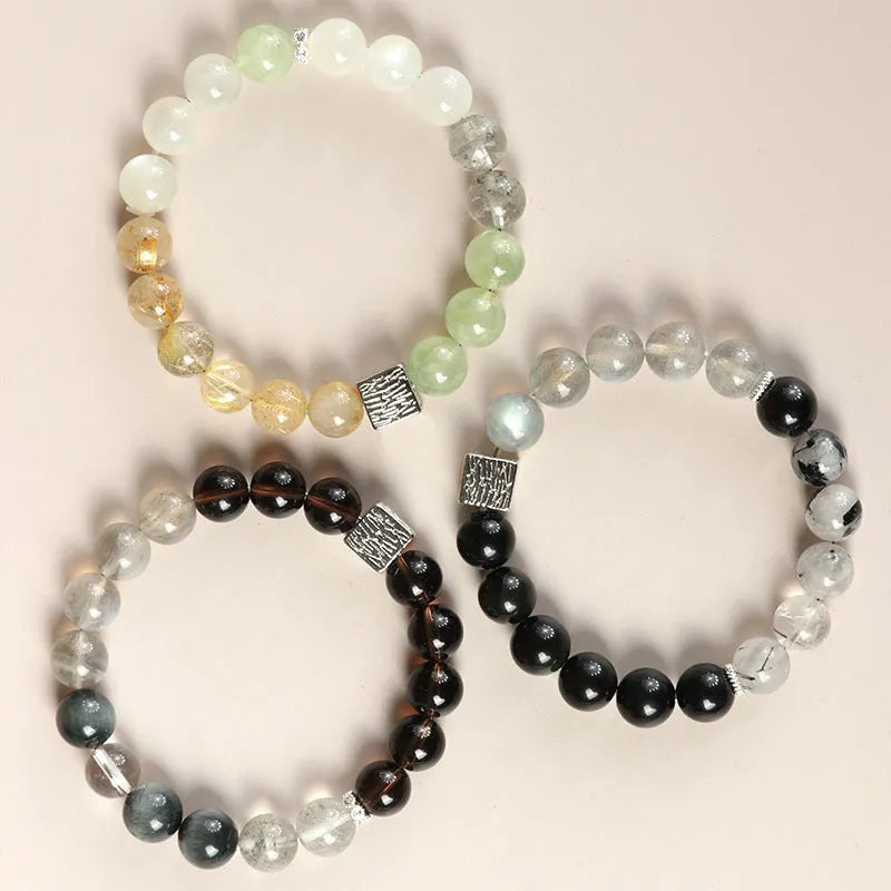 Crystal couple bracelet with 10mm geometric beads in khaki colour, Chinese style design for men and women