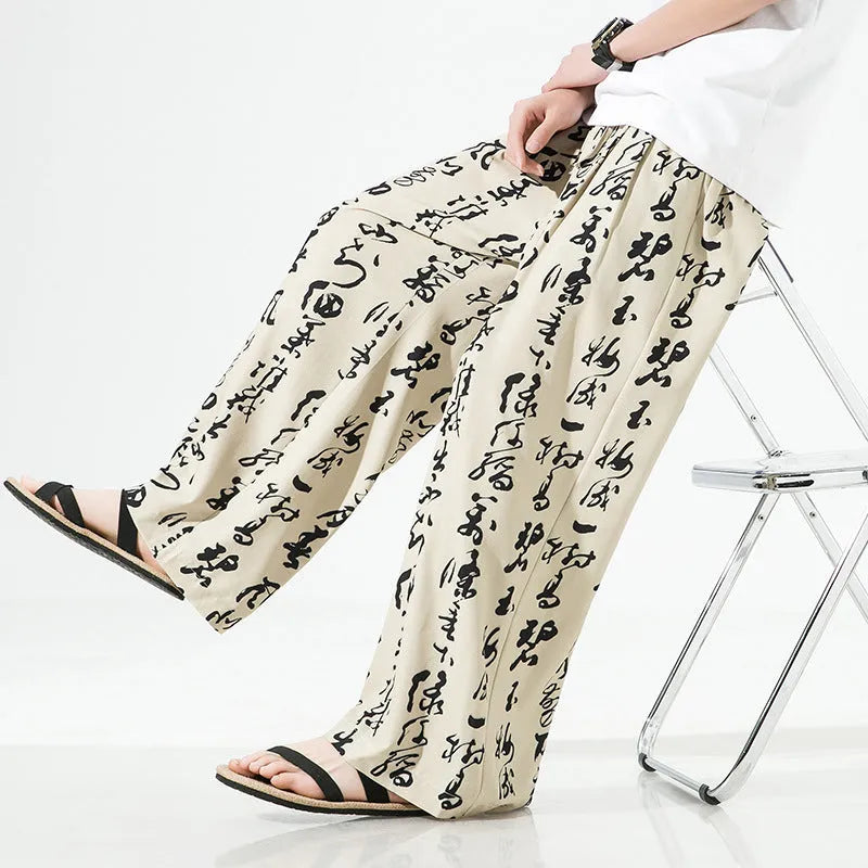 Mens straight-leg trousers in bamboo fibre and ice silk fabric, available in black and khaki colours