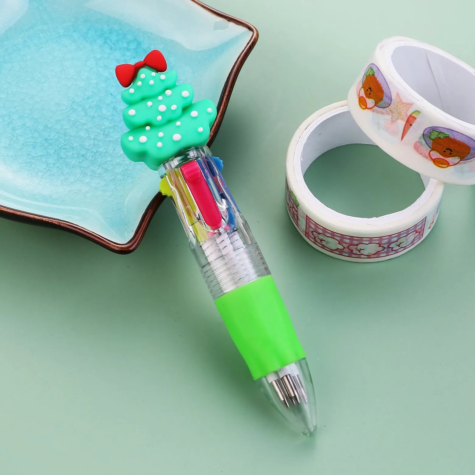 Christmas four-colour press ballpoint pen with festive designs, 11cm compact size