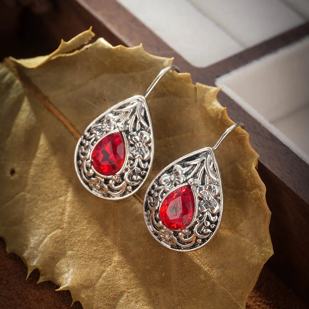 Alloy retro bohemian carved ruby drop earrings for women in colour 10505