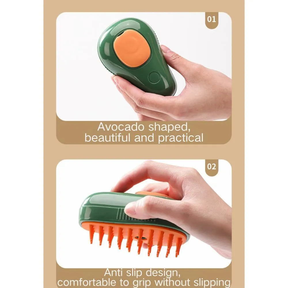 Green and white rechargeable cat steam brush with silicone teeth and water spray button.