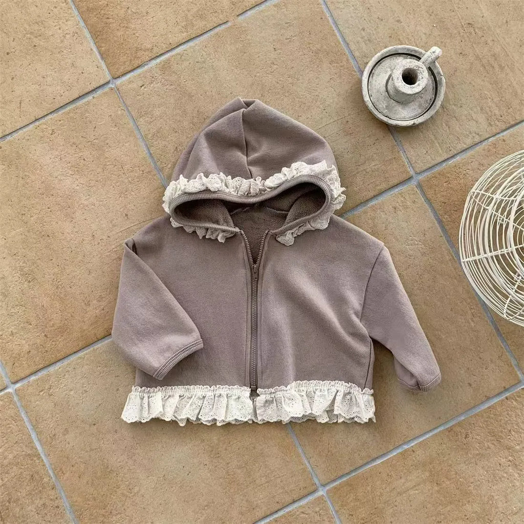 Children's lace hooded zipper sweatshirt in brown solid colour, long sleeves, cotton fabric