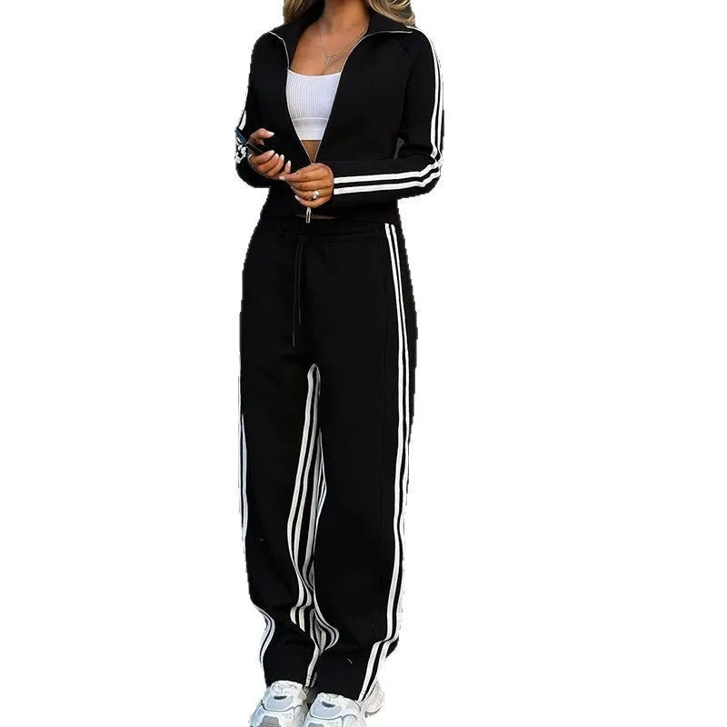 Black women's casual long sleeve sports two-piece set with top and trousers, polyester fibre health cloth