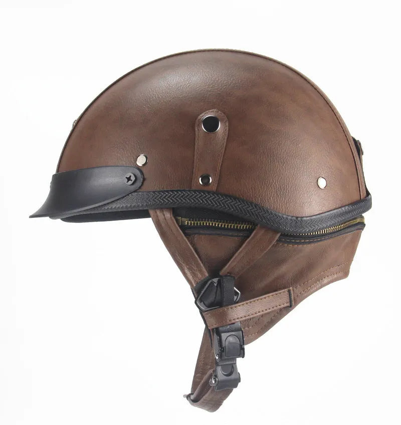 Retro-style half-pedal motorcycle helmet in black artificial leather with handmade construction