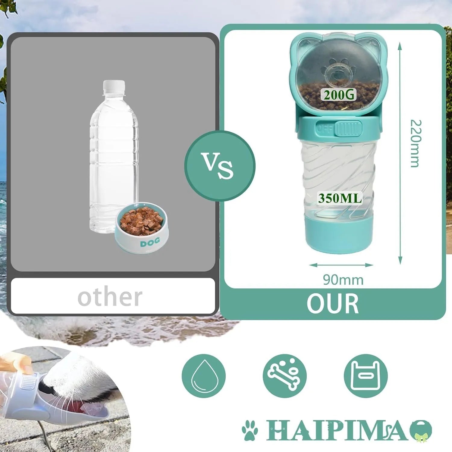 Green 3-in-1 portable pet water bottle with food container and poop bag dispenser, shown with carrying strap.