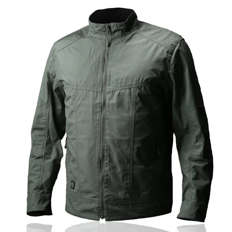 Men's brown plaid tactical camouflage jacket with multiple pockets on a mannequin.