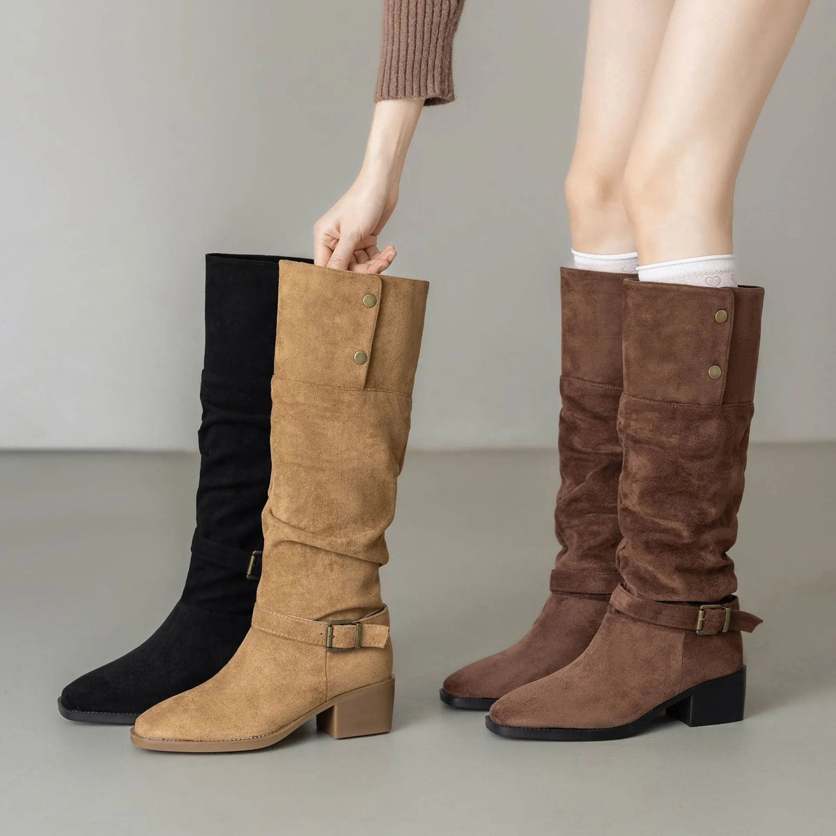 Chunky heel wrinkled stacked ankle Martin boots in khaki, showing hollow out detail and square toe on synthetic leather upper