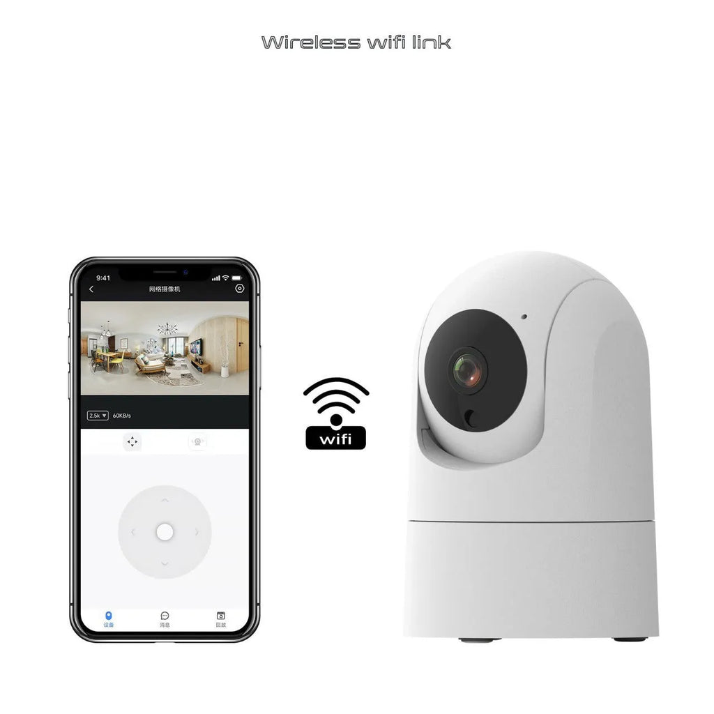 White indoor security camera with lens on a circular motorised base, showing compact size for shelf placement.