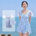 Women's sea salt blue floral one-piece swimsuit for swimming and hot springs