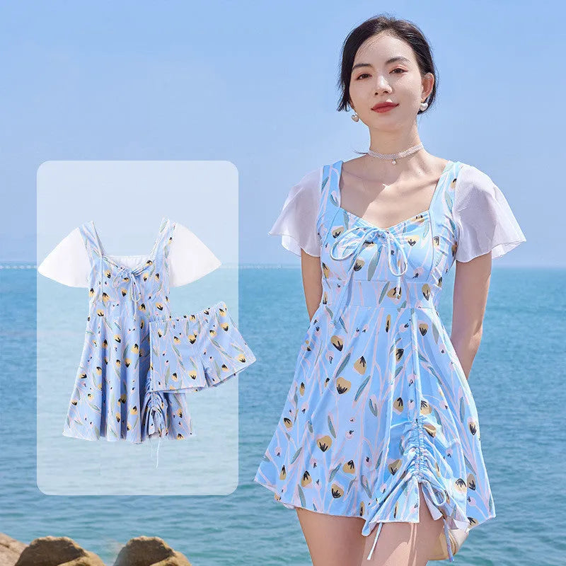 Women's sea salt blue floral one-piece swimsuit for swimming and hot springs