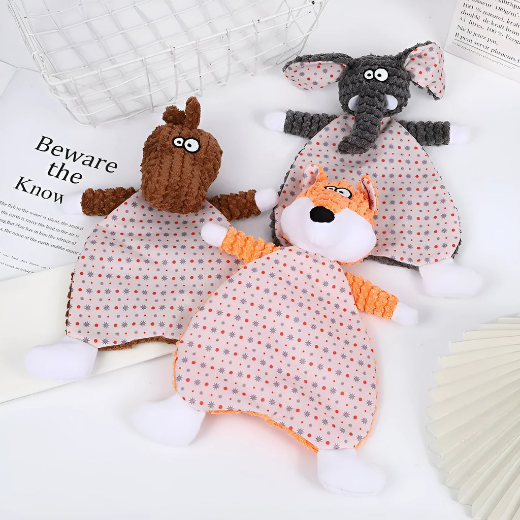 Brown, grey, and orange fox and elephant pet stuffed toys with velvet fabric and sound paper