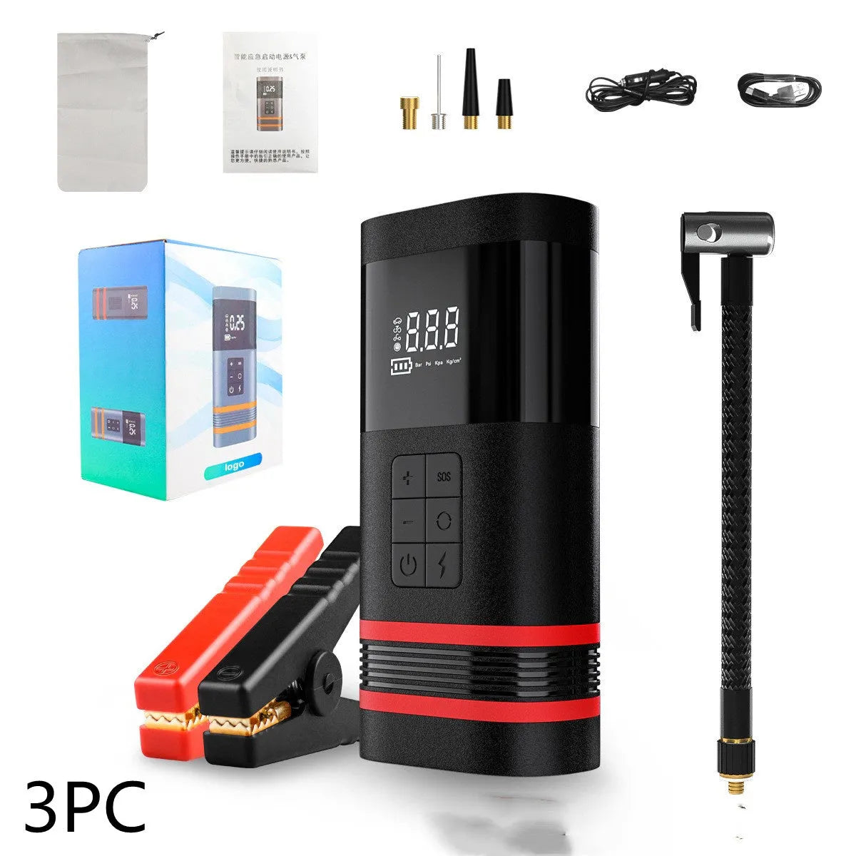 Black wireless car jump starter power bank measuring 19.5cm with LED lights and USB charging