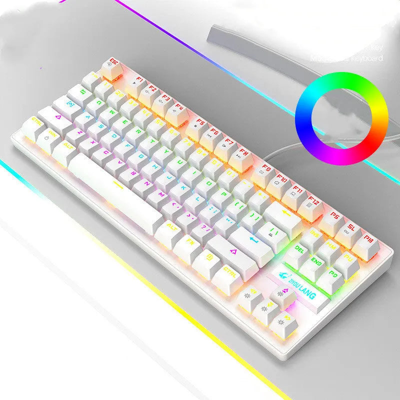 Black mechanical gaming keyboard with coloured keycaps and simple design next to notebook computer