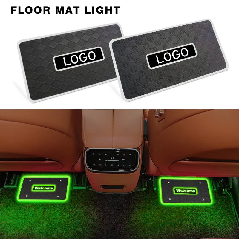 Car foot mat ambient light LED with diamond style faceplate, RGB colour modes, and Bluetooth control installed in vehicle footwell