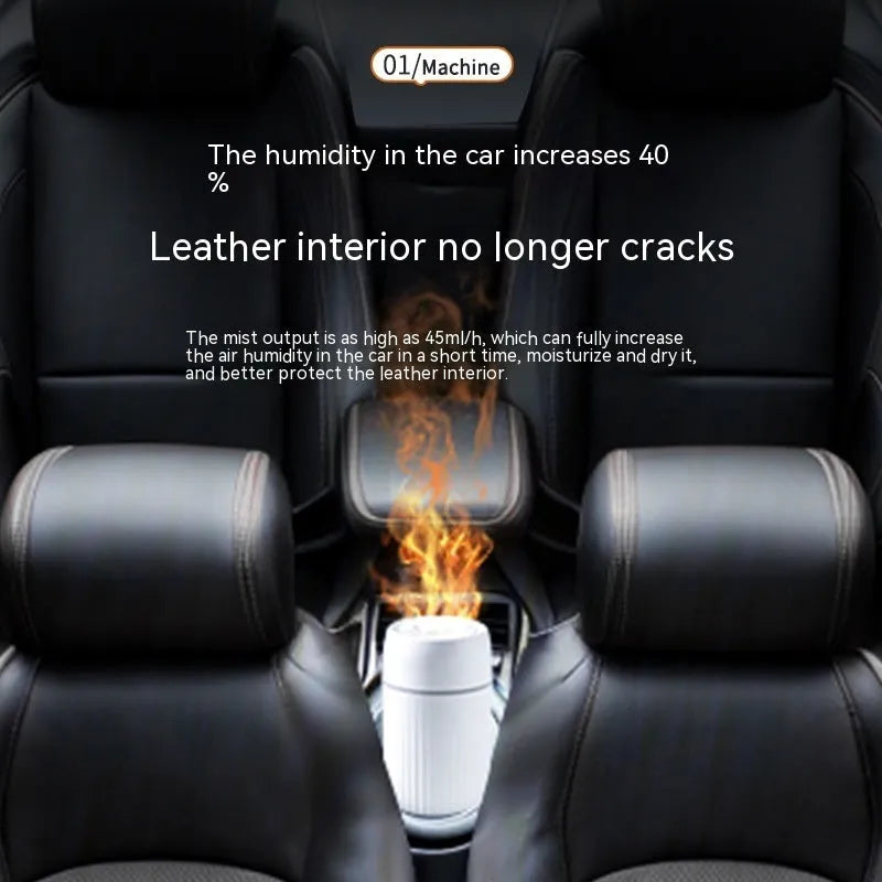 Black car aroma diffuser with flame simulation effect on a car dashboard