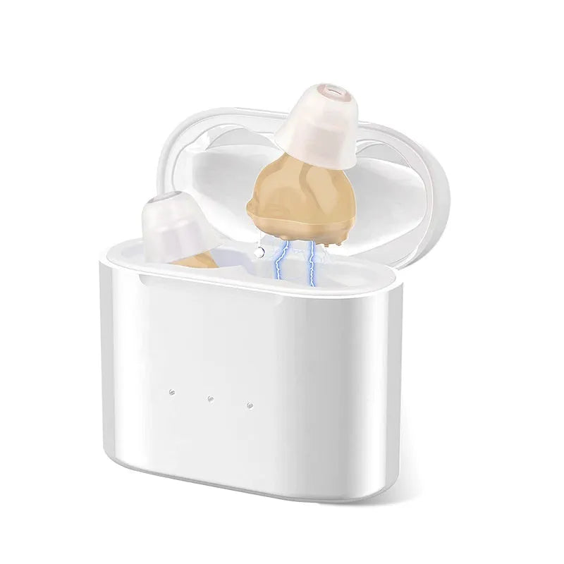 Invisible rechargeable noise reduction hearing aid in skin colour with within-ear fit