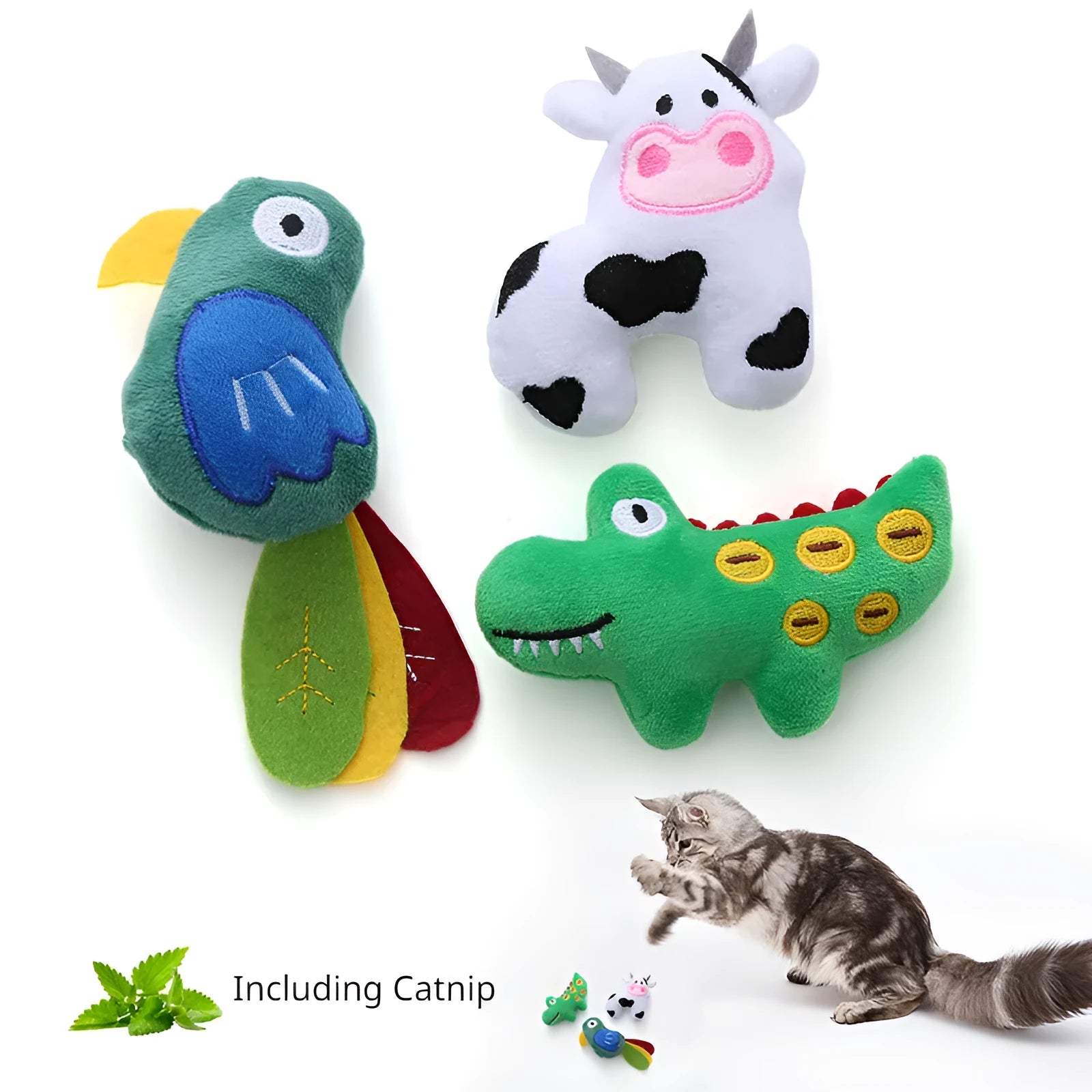 Soft plush cat toy in cow or parrot shape with catnip for interactive bite-resistant play