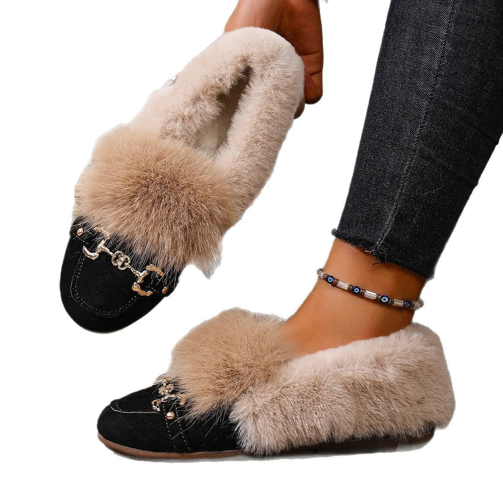 Women's cotton-padded velvet shoes in solid colour with fabric upper, flat heel, and TPR sole for indoor wear