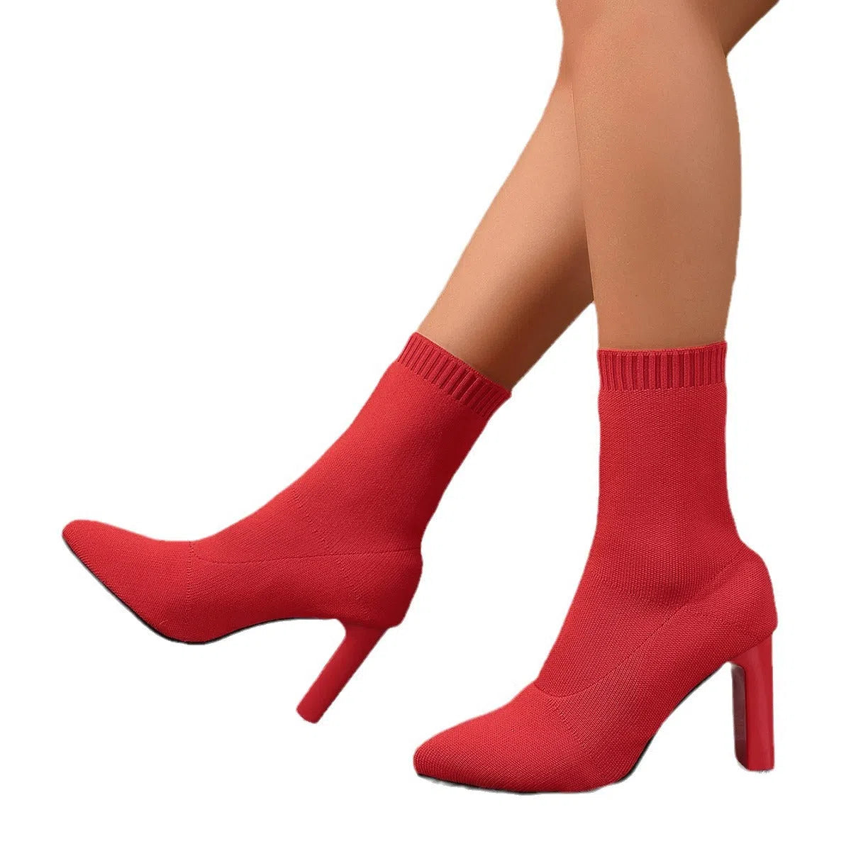 Women's chunky heel ankle boots with pointed toe, knitted suede upper, in black colour, side view