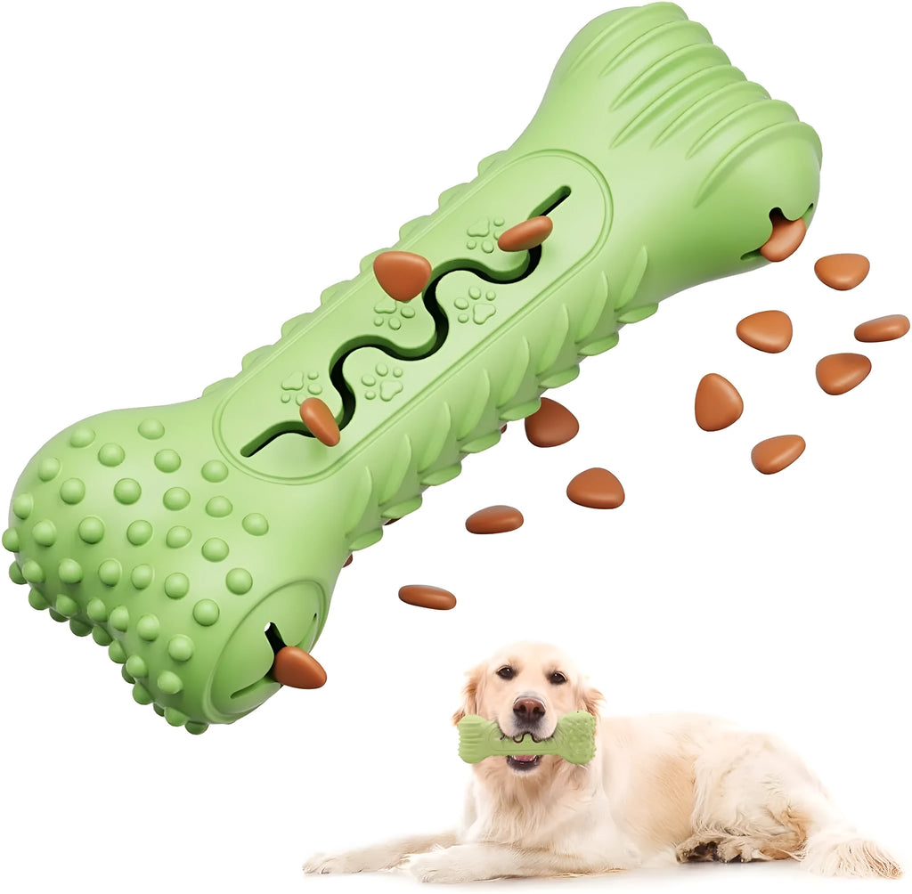 Blue, green, and orange bone-shaped natural rubber dog chew toy on a white background.