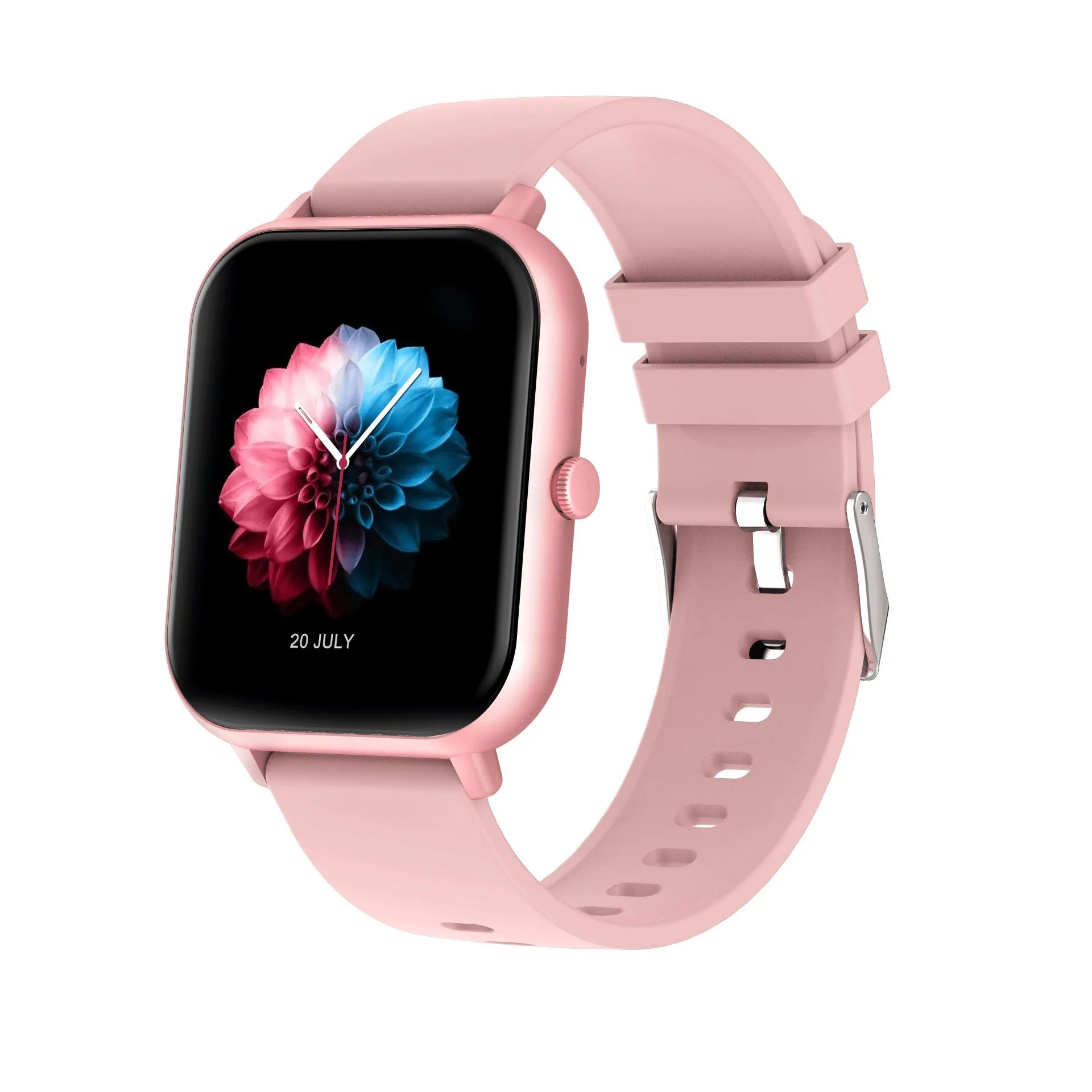Bluetooth smart watch with heart rate monitor on wrist in black, pink, silver grey, or khaki colour.
