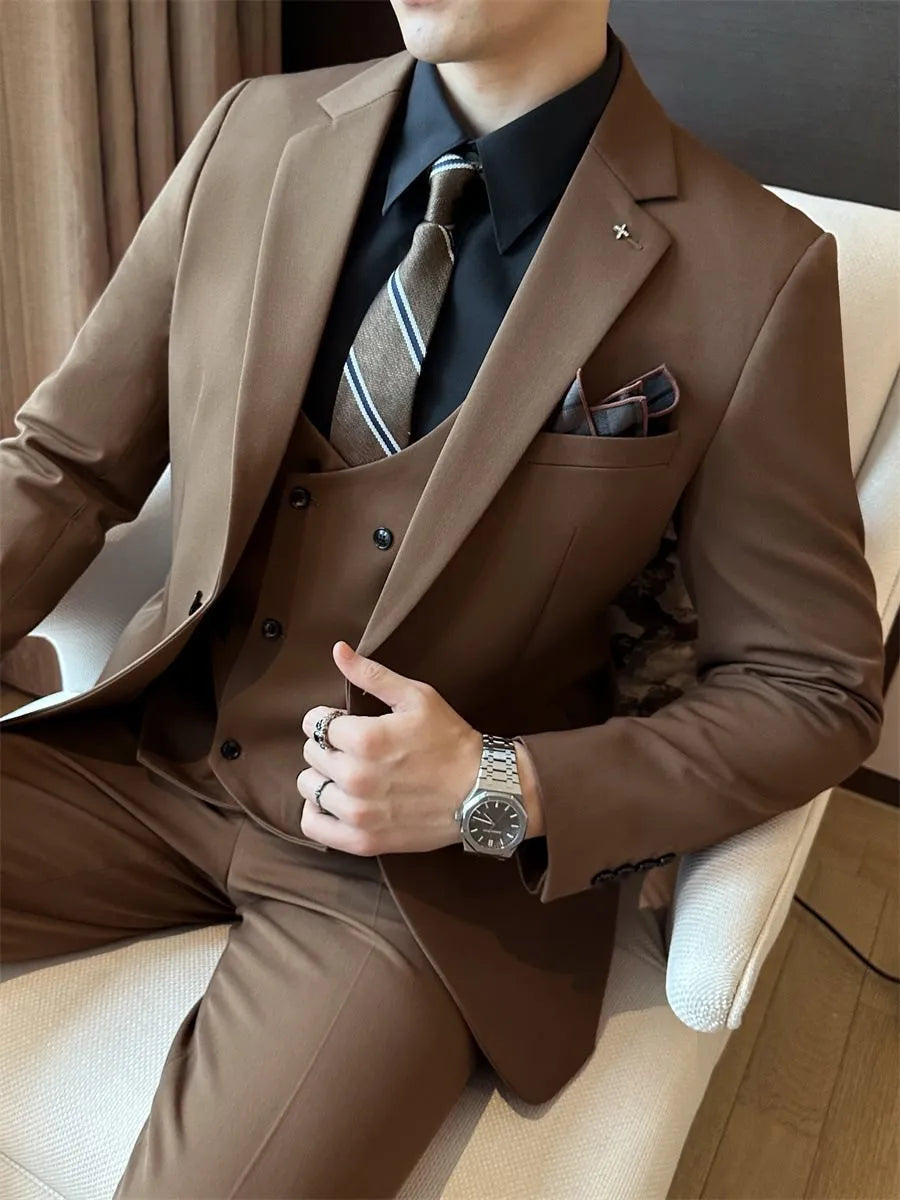 Men's slim fit business suit in a dark green chemical fibre blend fabric