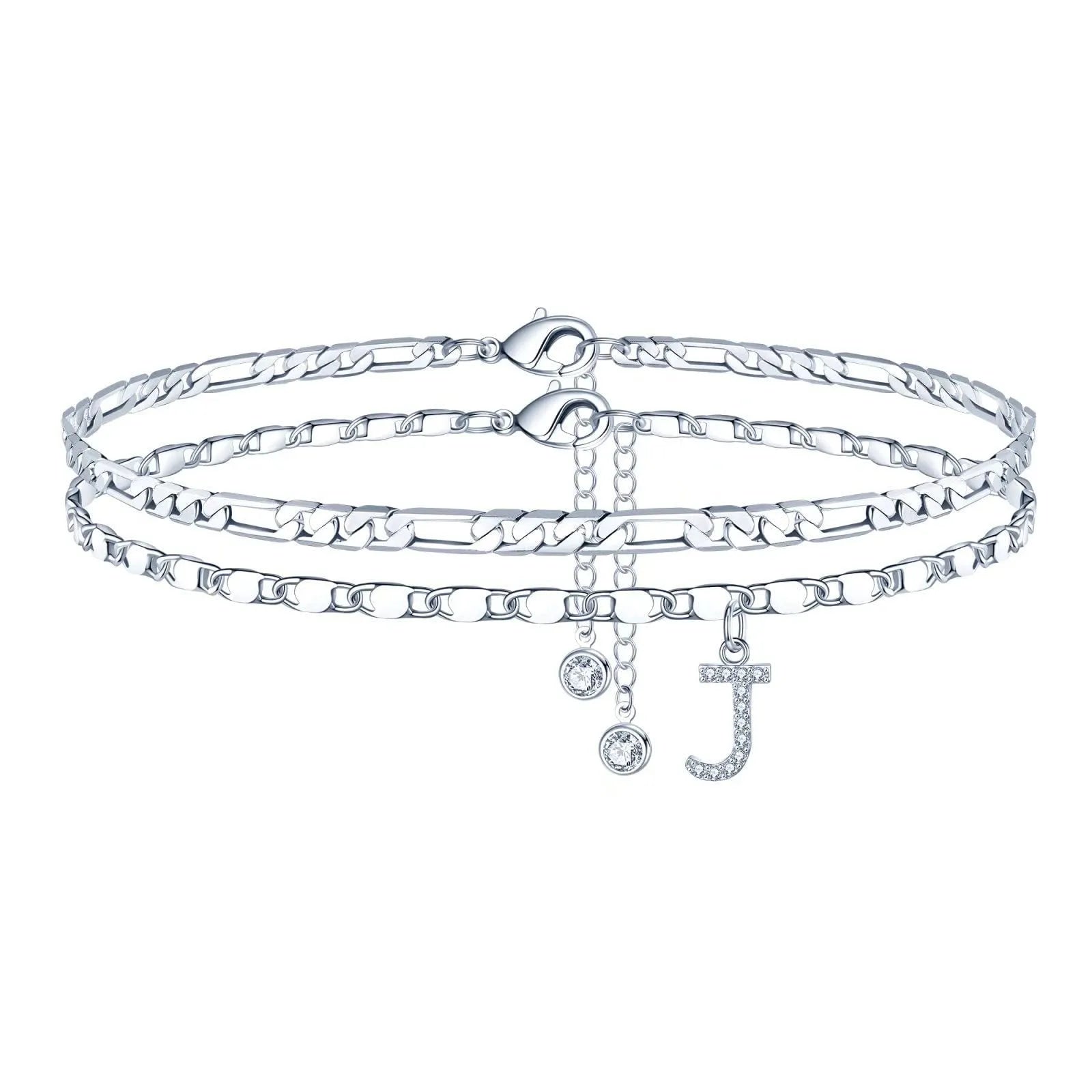 Copper double-circle bead anklet with silver colour finish showing customisable letter styling options