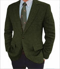 Men's brown herringbone pattern suit jacket with long sleeves and a flax lining.