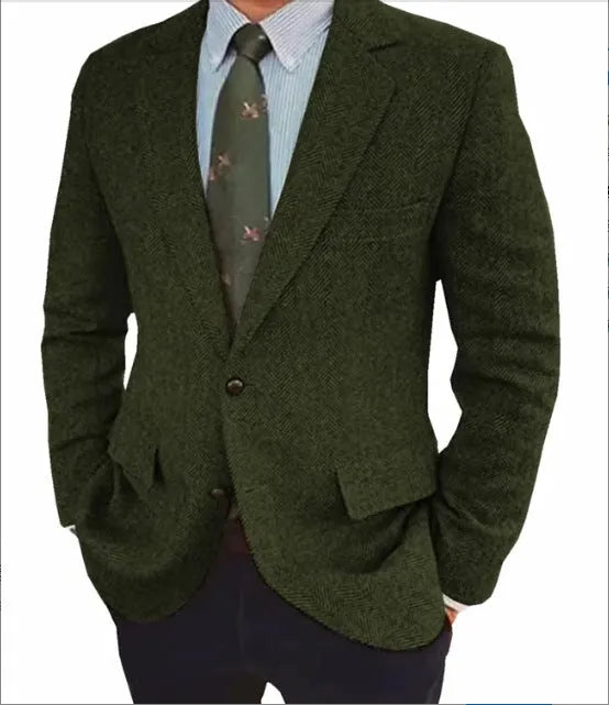 Men's brown herringbone pattern suit jacket with long sleeves and a flax lining.