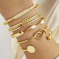 Set of five retro chain bracelets with geometric round, dot, and ring elements in electroplated alloy finish, HS1226 colour.
