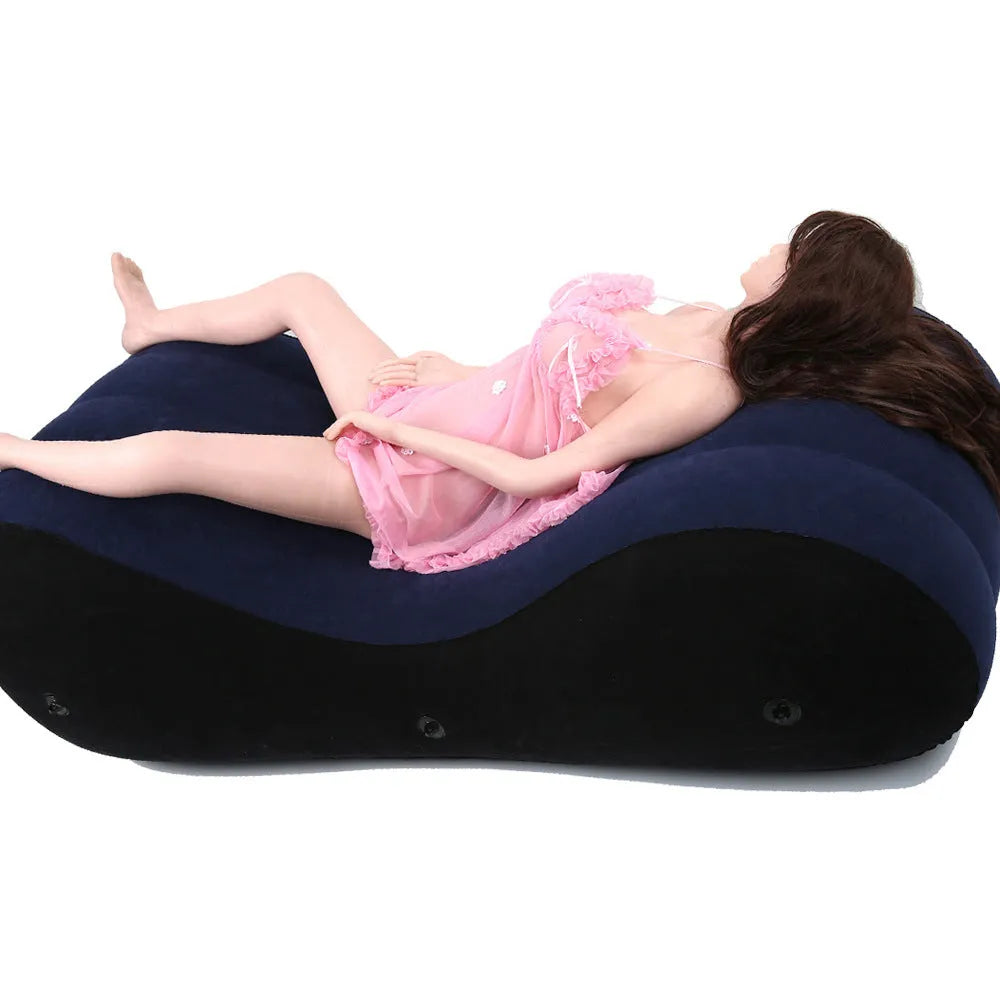 Blue inflatable sofa cushion made of PVC with flocking surface, folded for display