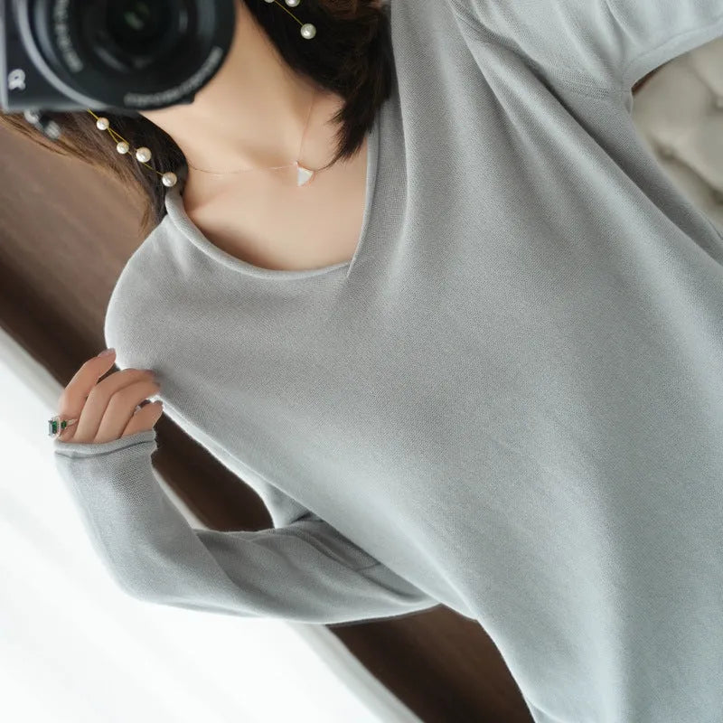 Women's V-neck long sleeve knitwear top in turmeric colour with non-ironing construction