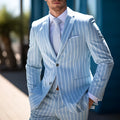 Men's blue and white button British style suit jacket with double button closure and straight hem