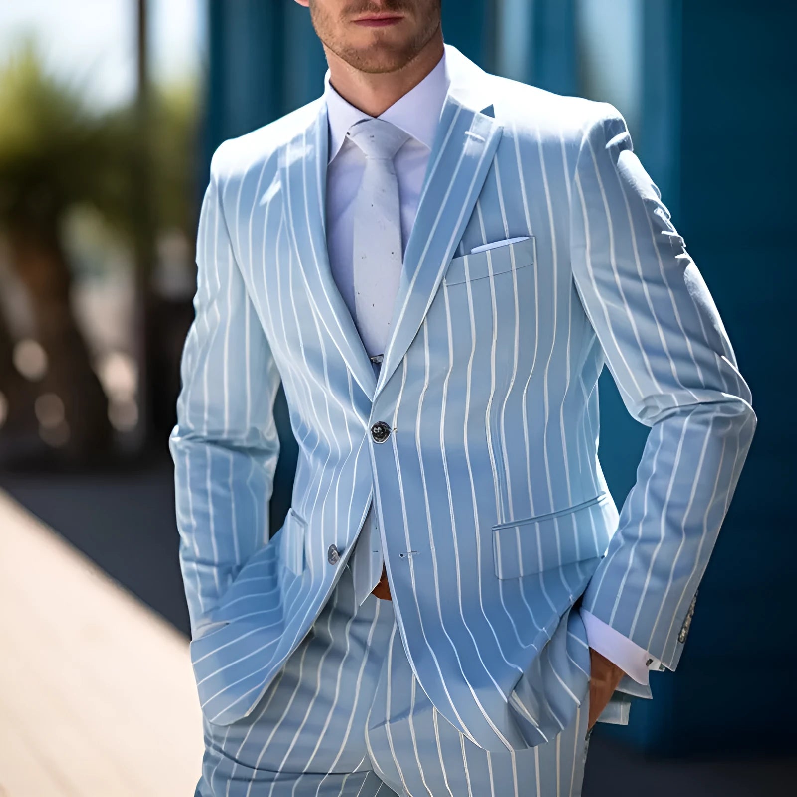 Men's blue and white button British style suit jacket with double button closure and straight hem