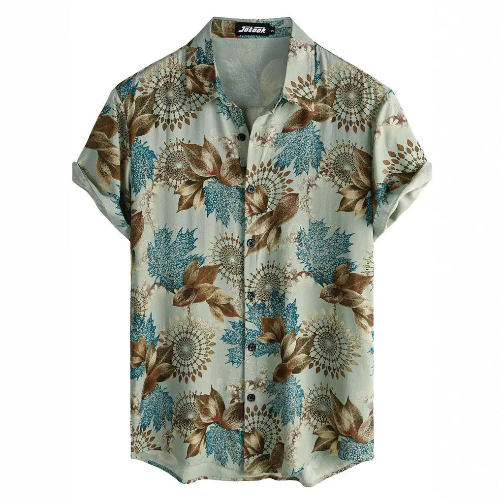 Hawaiian floral print lapel short sleeve shirt in elastic polyester fabric on a hanger