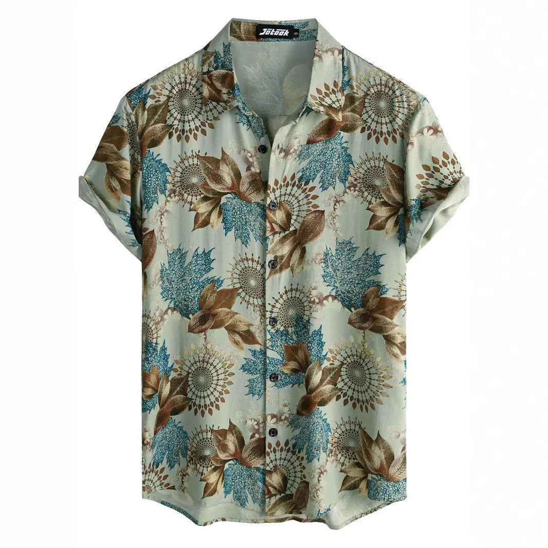 Hawaiian floral print lapel short sleeve shirt in elastic polyester fabric on a hanger