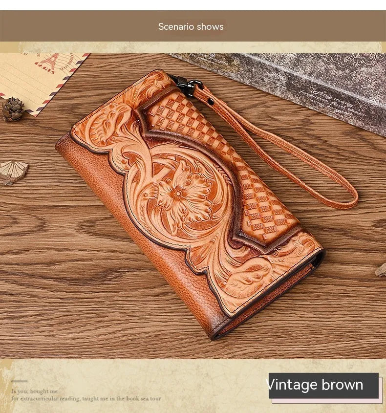 Chinese style brown embossed floral tri-fold women's wallet made from first layer cowhide, shown open and closed.