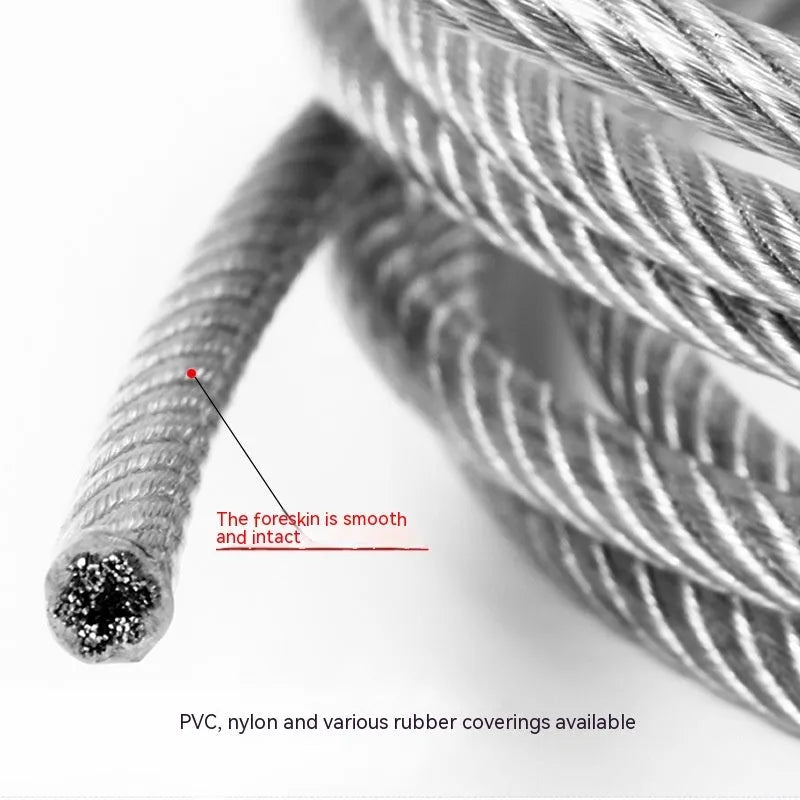 Coiled 304 stainless steel security wire rope with a coated finish on a white background.