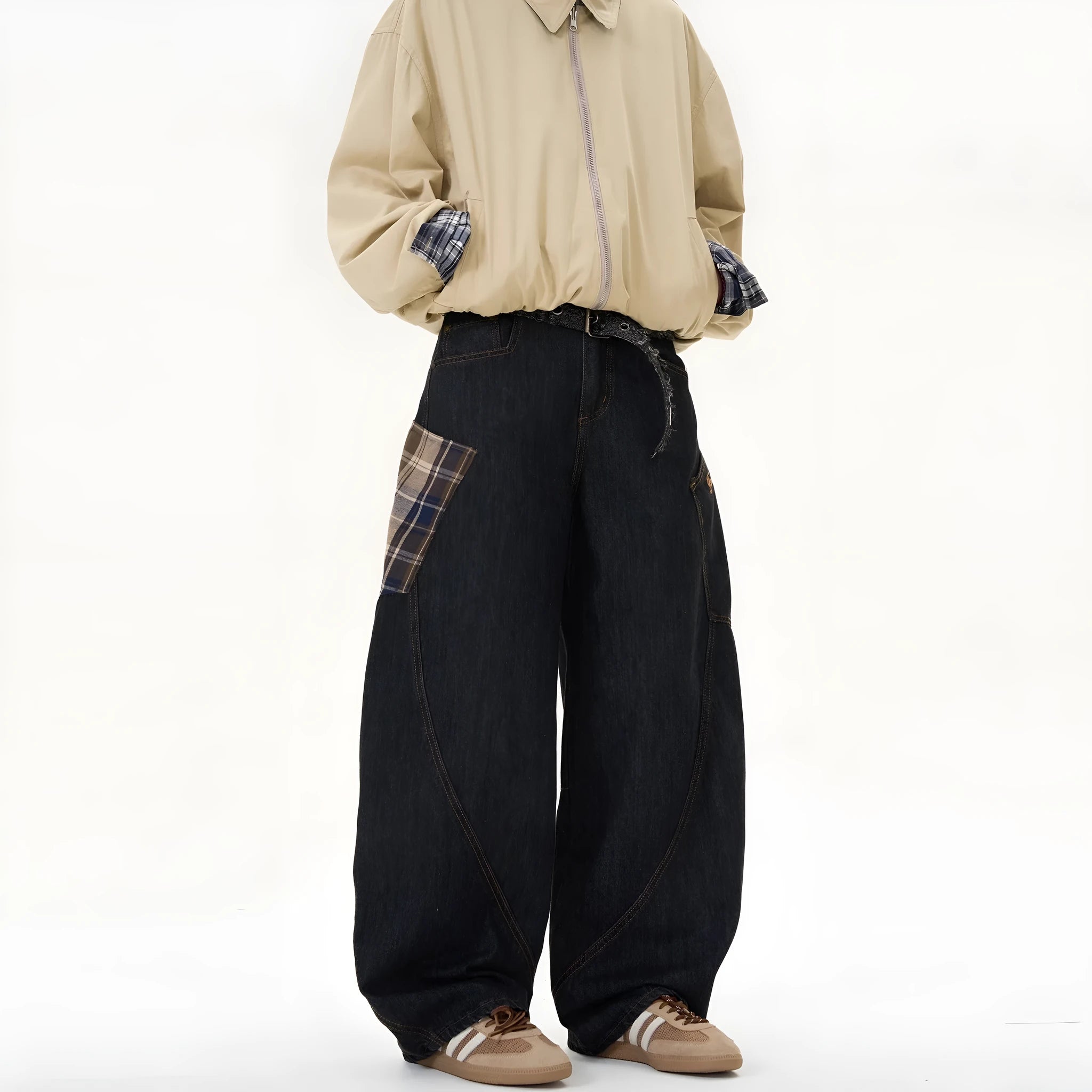 Cotton loose straight-leg plaid pants for spring and autumn casual wear