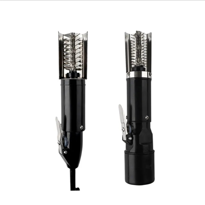 Black electric fish scale scraper with plastic shell and alloy parts, 7000 r/min descaling tool on a table