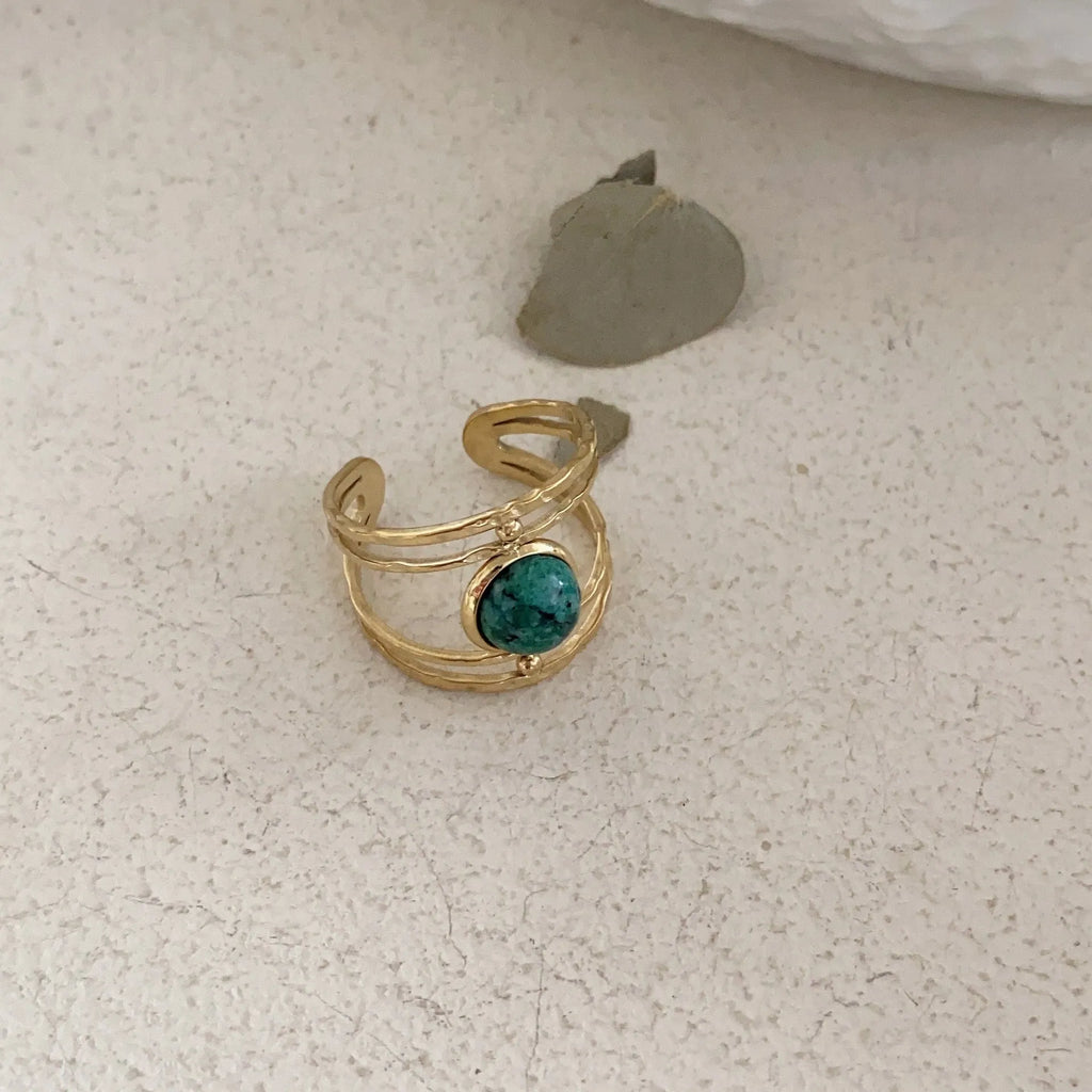 Titanium steel and natural stone open ring with geometric design in JZ0379 green colour