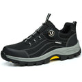 Wear resistant safety work shoes in beige with steel toe cap and Kevlar, anti-slip rubber sole, side view