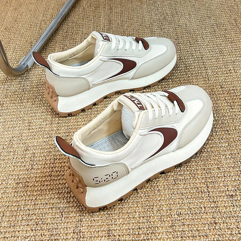 Forrest Gump heightened daddy shoes beige low top round toe mid heel 3-5cm height increasing sneakers