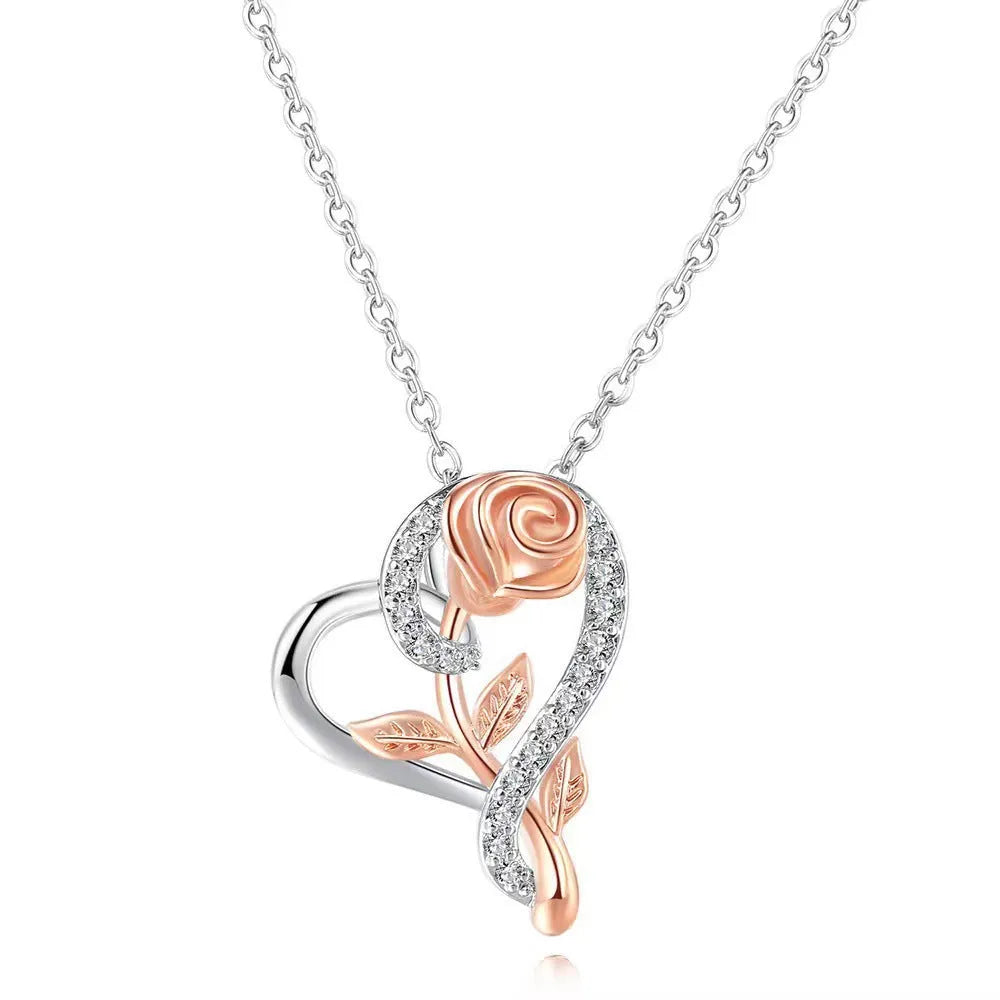925 silver heart-shaped rose pendant necklace with electroplated finish on cross chain, unisex style