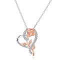 925 silver heart-shaped rose pendant necklace with electroplated finish on cross chain, unisex style